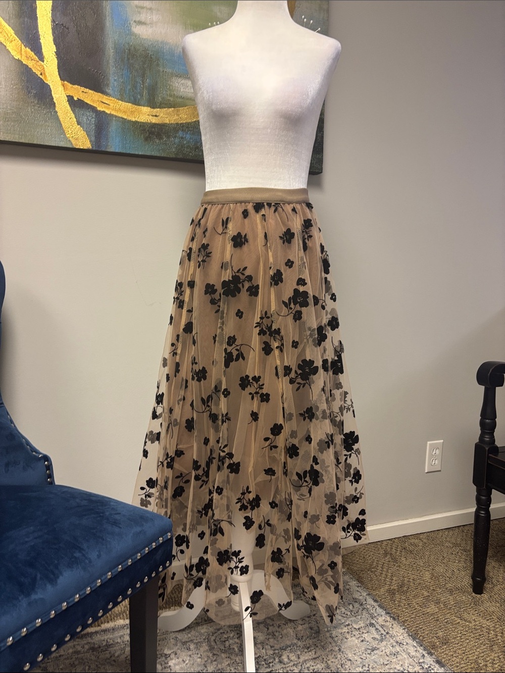 Beige Maxi Skirt with Black Floral Appliqué